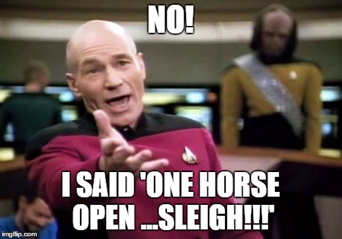 Picard Wtf Meme | NO! I SAID 'ONE HORSE OPEN ...SLEIGH!!!' | image tagged in memes,picard wtf | made w/ Imgflip meme maker