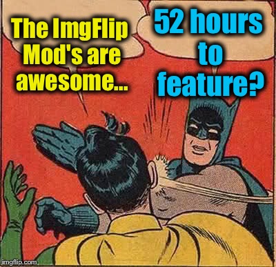 Batman Slapping Robin | 52 hours to feature? The ImgFlip Mod's are awesome... | image tagged in memes,batman slapping robin,funny,evilmandoevil | made w/ Imgflip meme maker