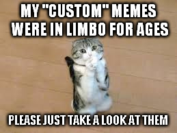 What's the theory, the mods are watching the olypmics? |  MY "CUSTOM" MEMES WERE IN LIMBO FOR AGES; PLEASE JUST TAKE A LOOK AT THEM | image tagged in begging cat,memes,pleading,featured | made w/ Imgflip meme maker