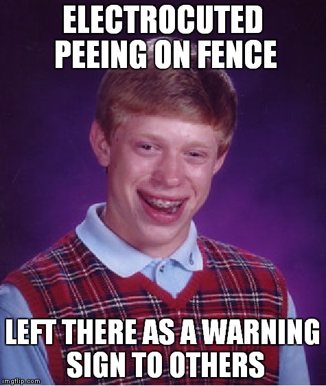 Bad Luck Brian Meme | ELECTROCUTED PEEING ON FENCE LEFT THERE AS A WARNING SIGN TO OTHERS | image tagged in memes,bad luck brian | made w/ Imgflip meme maker