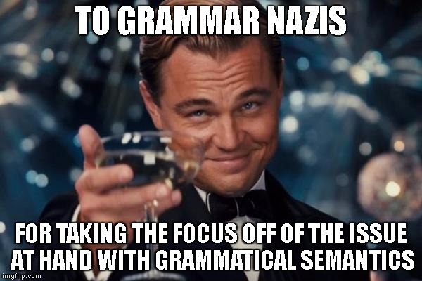 Leonardo Dicaprio Cheers Meme | TO GRAMMAR NAZIS; FOR TAKING THE FOCUS OFF OF THE ISSUE AT HAND WITH GRAMMATICAL SEMANTICS | image tagged in memes,leonardo dicaprio cheers | made w/ Imgflip meme maker
