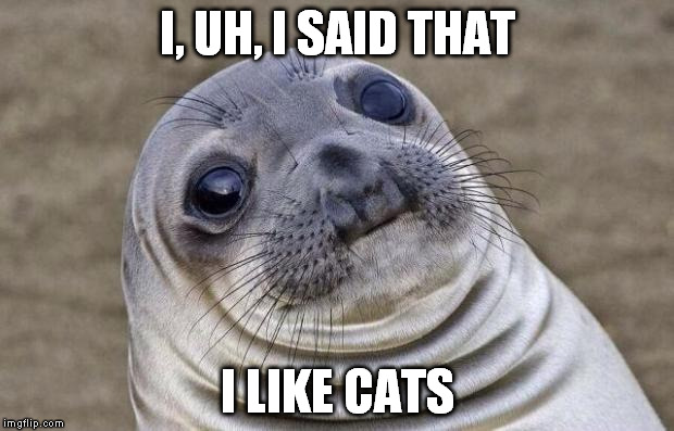 I, UH, I SAID THAT I LIKE CATS | image tagged in memes,awkward moment sealion | made w/ Imgflip meme maker
