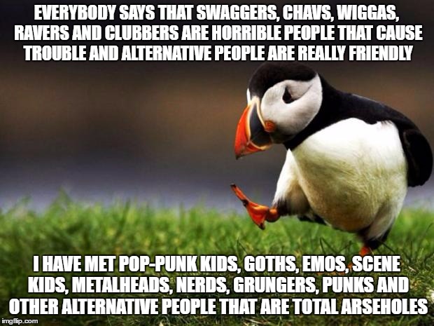 Unpopular Opinion Puffin | EVERYBODY SAYS THAT SWAGGERS, CHAVS, WIGGAS, RAVERS AND CLUBBERS ARE HORRIBLE PEOPLE THAT CAUSE TROUBLE AND ALTERNATIVE PEOPLE ARE REALLY FRIENDLY; I HAVE MET POP-PUNK KIDS, GOTHS, EMOS, SCENE KIDS, METALHEADS, NERDS, GRUNGERS, PUNKS AND OTHER ALTERNATIVE PEOPLE THAT ARE TOTAL ARSEHOLES | image tagged in memes,unpopular opinion puffin | made w/ Imgflip meme maker