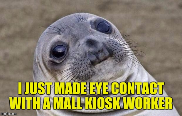 Awkward Moment Sealion Meme | I JUST MADE EYE CONTACT WITH A MALL KIOSK WORKER | image tagged in memes,awkward moment sealion | made w/ Imgflip meme maker