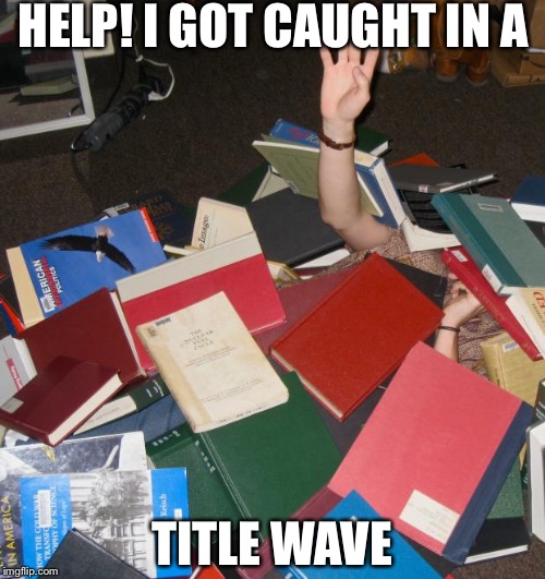 so much books | HELP! I GOT CAUGHT IN A; TITLE WAVE | image tagged in so much books,memes | made w/ Imgflip meme maker
