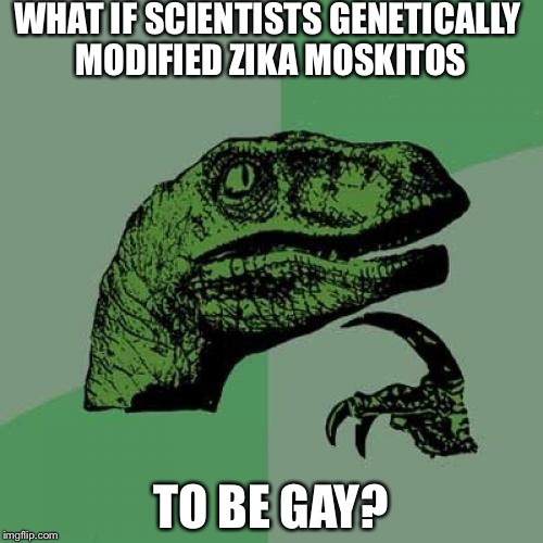 Philosoraptor | WHAT IF SCIENTISTS GENETICALLY MODIFIED ZIKA MOSKITOS; TO BE GAY? | image tagged in memes,philosoraptor | made w/ Imgflip meme maker