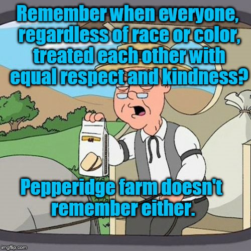'cuz it's an impossible dream. | Remember when everyone, regardless of race or color, treated each other with equal respect and kindness? Pepperidge farm doesn't remember either. | image tagged in memes,pepperidge farm remembers | made w/ Imgflip meme maker