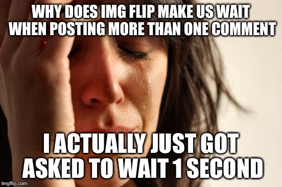 Question for you Imgflip | WHY DOES IMG FLIP MAKE US WAIT WHEN POSTING MORE THAN ONE COMMENT; I ACTUALLY JUST GOT ASKED TO WAIT 1 SECOND | image tagged in memes,first world problems | made w/ Imgflip meme maker