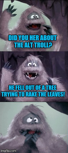 Stupid troll | DID YOU HER ABOUT THE ALT TROLL? HE FELL OUT OF A TREE TRYING TO RAKE THE LEAVES! | image tagged in bumble's joke,troll | made w/ Imgflip meme maker
