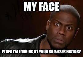 Kevin Hart | MY FACE; WHEN I'M LOOKING AT YOUR BROWSER HISTORY | image tagged in memes,kevin hart the hell | made w/ Imgflip meme maker