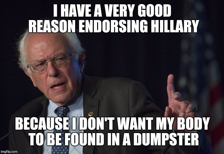 Bernie Sanders | I HAVE A VERY GOOD REASON ENDORSING HILLARY; BECAUSE I DON'T WANT MY BODY TO BE FOUND IN A DUMPSTER | image tagged in hillary clinton | made w/ Imgflip meme maker