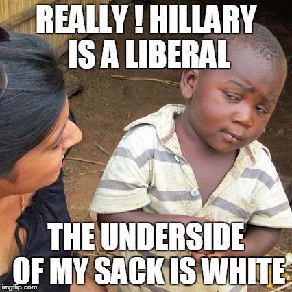 Third World Skeptical Kid Meme | REALLY ! HILLARY IS A LIBERAL; THE UNDERSIDE OF MY SACK IS WHITE | image tagged in memes,third world skeptical kid | made w/ Imgflip meme maker