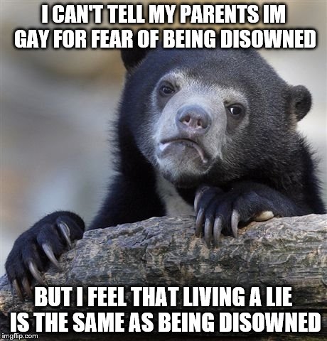 Confession Bear Meme | I CAN'T TELL MY PARENTS IM GAY FOR FEAR OF BEING DISOWNED; BUT I FEEL THAT LIVING A LIE IS THE SAME AS BEING DISOWNED | image tagged in memes,confession bear | made w/ Imgflip meme maker