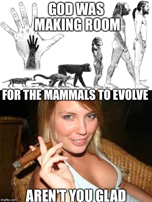 GOD WAS MAKING ROOM AREN'T YOU GLAD FOR THE MAMMALS TO EVOLVE | made w/ Imgflip meme maker