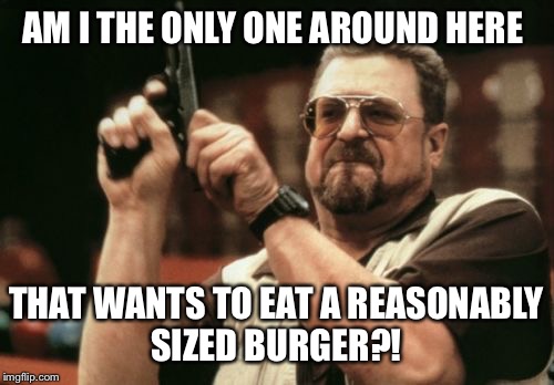 Am I The Only One Around Here Meme | AM I THE ONLY ONE AROUND HERE; THAT WANTS TO EAT A REASONABLY SIZED BURGER?! | image tagged in memes,am i the only one around here,AdviceAnimals | made w/ Imgflip meme maker