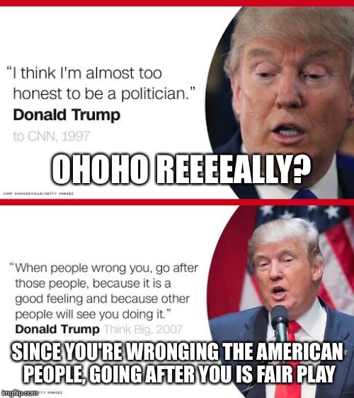 Trump lies | OHOHO REEEEALLY? SINCE YOU'RE WRONGING THE AMERICAN PEOPLE, GOING AFTER YOU IS FAIR PLAY | image tagged in donald trump,nevertrump,lies | made w/ Imgflip meme maker