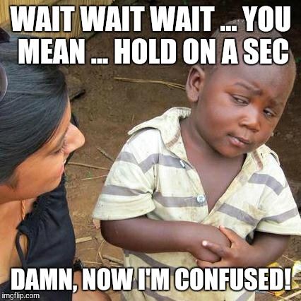 Third World Skeptical Kid Meme | WAIT WAIT WAIT ... YOU MEAN ... HOLD ON A SEC DAMN, NOW I'M CONFUSED! | image tagged in memes,third world skeptical kid | made w/ Imgflip meme maker