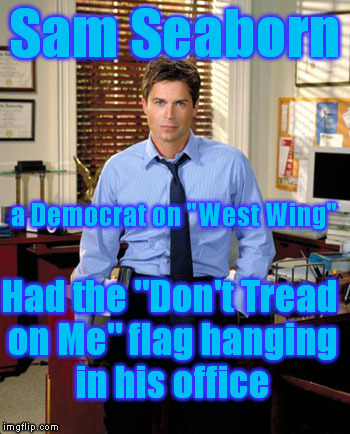 Sam Seaborn Had the "Don't Tread on Me" flag hanging in his office a Democrat on "West Wing" | made w/ Imgflip meme maker
