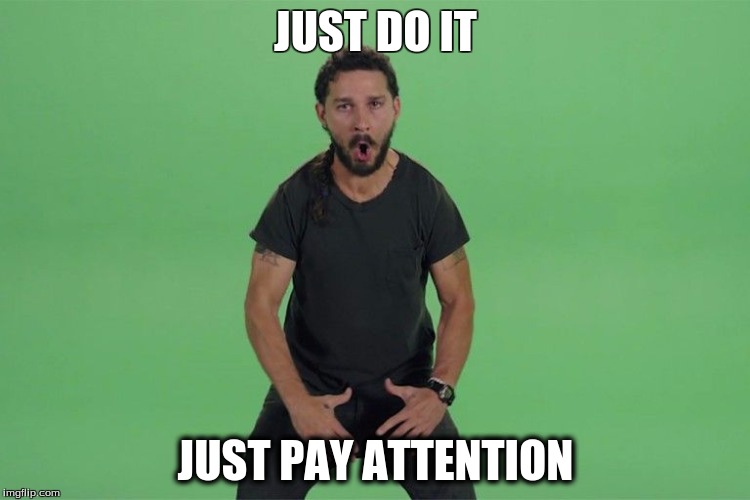 Shia labeouf JUST DO IT | JUST DO IT; JUST PAY ATTENTION | image tagged in shia labeouf just do it | made w/ Imgflip meme maker