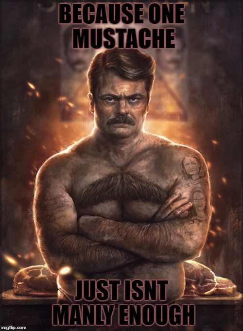 Chestache | BECAUSE ONE MUSTACHE; JUST ISNT MANLY ENOUGH | image tagged in chestache,memes,funny,manly,mustache,ron swanson | made w/ Imgflip meme maker