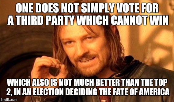 One Does Not Simply Meme | ONE DOES NOT SIMPLY VOTE FOR A THIRD PARTY WHICH CANNOT WIN WHICH ALSO IS NOT MUCH BETTER THAN THE TOP 2, IN AN ELECTION DECIDING THE FATE O | image tagged in memes,one does not simply | made w/ Imgflip meme maker