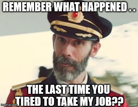 Captain Obvious - Pointless Reupload | REMEMBER WHAT HAPPENED . . THE LAST TIME YOU TIRED TO TAKE MY JOB?? | image tagged in captain obvious - pointless reupload | made w/ Imgflip meme maker