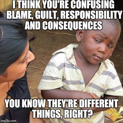 Clarity | I THINK YOU'RE CONFUSING BLAME, GUILT, RESPONSIBILITY AND CONSEQUENCES; YOU KNOW THEY'RE DIFFERENT THINGS, RIGHT? | image tagged in memes,third world skeptical kid | made w/ Imgflip meme maker