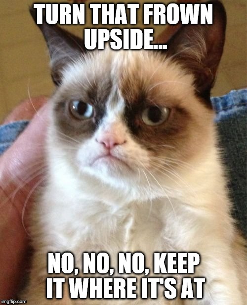 Grumpy Cat Meme | TURN THAT FROWN UPSIDE... NO, NO, NO, KEEP IT WHERE IT'S AT | image tagged in memes,grumpy cat,frown,no wait | made w/ Imgflip meme maker