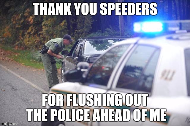 Appreciate it! | THANK YOU SPEEDERS; FOR FLUSHING OUT THE POLICE AHEAD OF ME | image tagged in pulled over | made w/ Imgflip meme maker