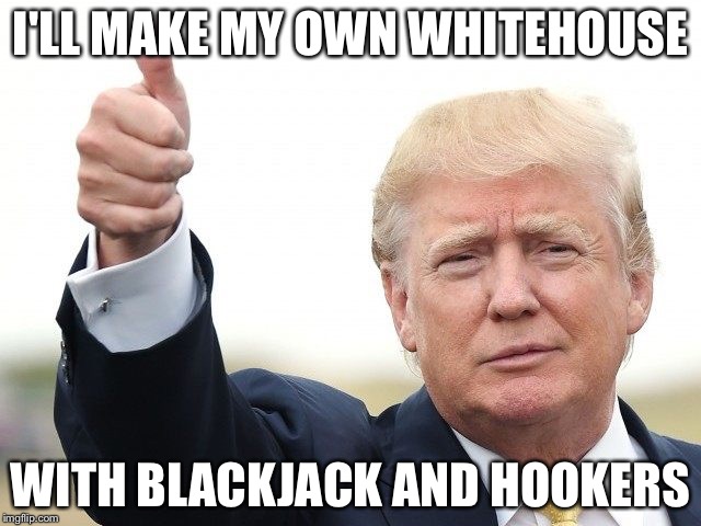 I'LL MAKE MY OWN WHITEHOUSE; WITH BLACKJACK AND HOOKERS | image tagged in trump thumbs up,donald trump,bender blackjack and hookers,memes | made w/ Imgflip meme maker