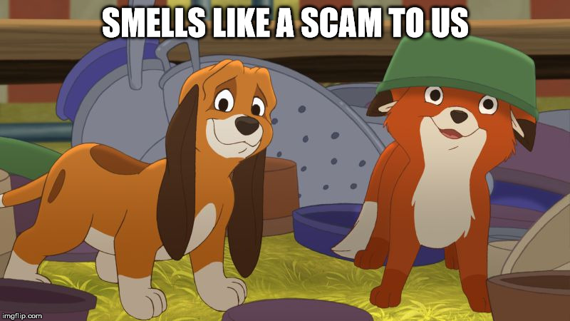 SMELLS LIKE A SCAM TO US | image tagged in fox and the house mischief | made w/ Imgflip meme maker