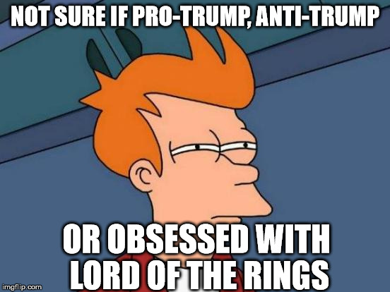 Futurama Fry Meme | NOT SURE IF PRO-TRUMP, ANTI-TRUMP OR OBSESSED WITH LORD OF THE RINGS | image tagged in memes,futurama fry | made w/ Imgflip meme maker