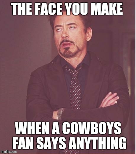 Face You Make Robert Downey Jr Meme | THE FACE YOU MAKE; WHEN A COWBOYS FAN SAYS ANYTHING | image tagged in memes,face you make robert downey jr | made w/ Imgflip meme maker