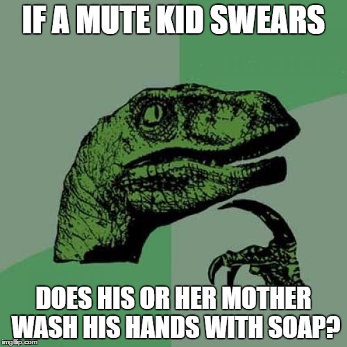 Swearing Mute Kid | IF A MUTE KID SWEARS; DOES HIS OR HER MOTHER WASH HIS HANDS WITH SOAP? | image tagged in memes,philosoraptor | made w/ Imgflip meme maker