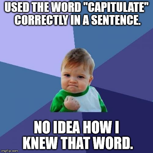 Success Kid Meme | USED THE WORD "CAPITULATE" CORRECTLY IN A SENTENCE. NO IDEA HOW I KNEW THAT WORD. | image tagged in memes,success kid | made w/ Imgflip meme maker