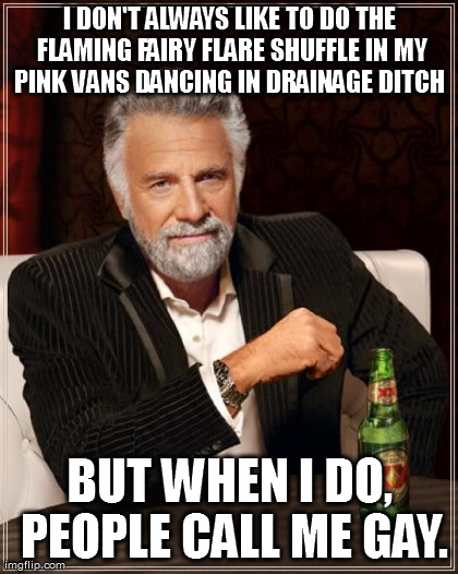 The Most Interesting Man In The World Meme | I DON'T ALWAYS LIKE TO DO THE FLAMING FAIRY FLARE SHUFFLE IN MY PINK VANS DANCING IN DRAINAGE DITCH  BUT WHEN I DO, PEOPLE CALL ME GAY. | image tagged in memes,the most interesting man in the world | made w/ Imgflip meme maker