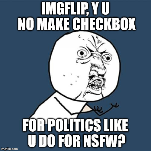 Y U No Meme | IMGFLIP, Y U NO MAKE CHECKBOX FOR POLITICS LIKE U DO FOR NSFW? | image tagged in memes,y u no | made w/ Imgflip meme maker
