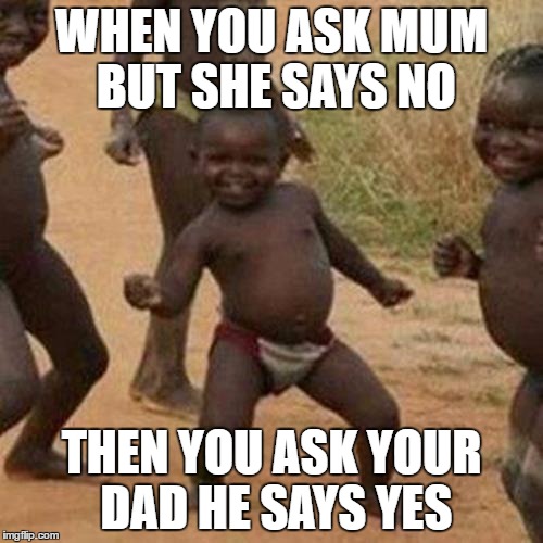 Third World Success Kid | WHEN YOU ASK MUM BUT SHE SAYS NO; THEN YOU ASK YOUR DAD HE SAYS YES | image tagged in memes,third world success kid | made w/ Imgflip meme maker