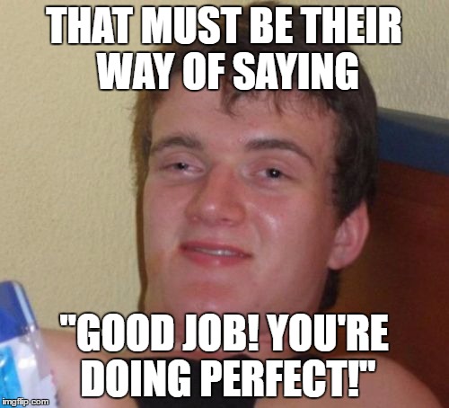 10 Guy Meme | THAT MUST BE THEIR WAY OF SAYING "GOOD JOB! YOU'RE DOING PERFECT!" | image tagged in memes,10 guy | made w/ Imgflip meme maker