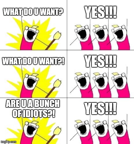 What Do We Want 3 | WHAT DO U WANT? YES!!! WHAT DO U WANT?! YES!!! ARE U A BUNCH OF IDIOTS?! YES!!! | image tagged in memes,what do we want 3 | made w/ Imgflip meme maker