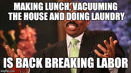 MAKING LUNCH, VACUUMING THE HOUSE AND DOING LAUNDRY IS BACK BREAKING LABOR | image tagged in memes,steve harvey | made w/ Imgflip meme maker