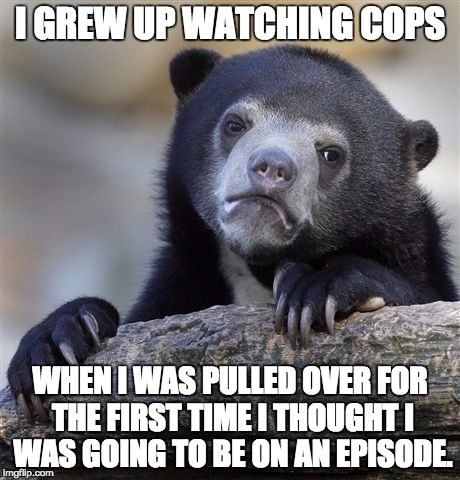 Confession Bear | I GREW UP WATCHING COPS; WHEN I WAS PULLED OVER FOR THE FIRST TIME I THOUGHT I WAS GOING TO BE ON AN EPISODE. | image tagged in memes,confession bear | made w/ Imgflip meme maker