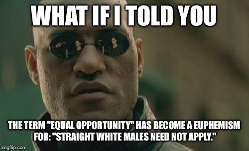 Matrix Morpheus Meme | WHAT IF I TOLD YOU; THE TERM "EQUAL OPPORTUNITY" HAS BECOME A EUPHEMISM FOR: "STRAIGHT WHITE MALES NEED NOT APPLY." | image tagged in memes,matrix morpheus | made w/ Imgflip meme maker