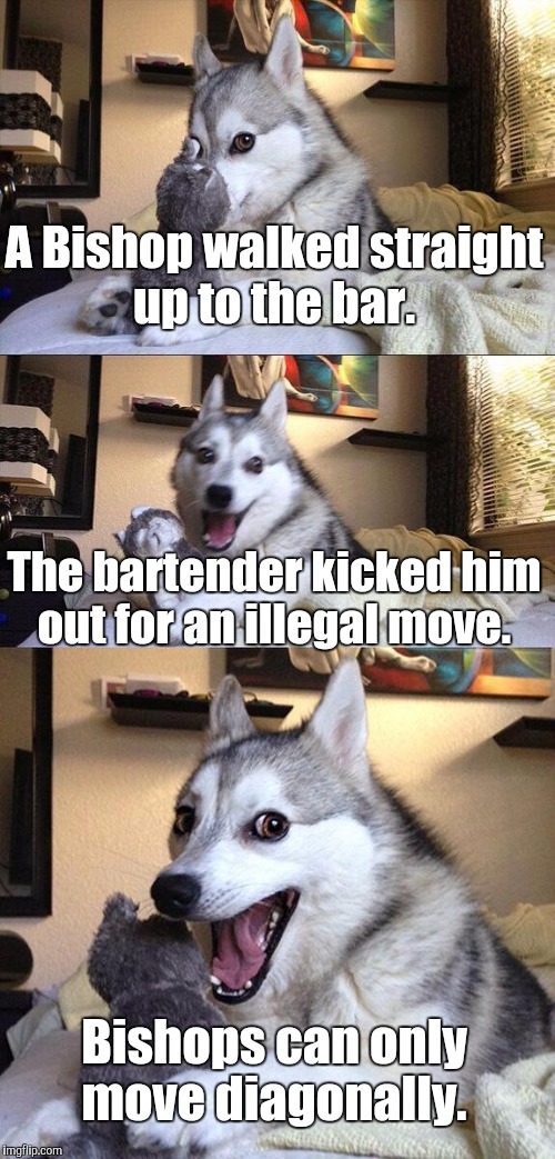 Bad Pun Dog Meme | A Bishop walked straight up to the bar. The bartender kicked him out for an illegal move. Bishops can only move diagonally. | image tagged in memes,bad pun dog | made w/ Imgflip meme maker