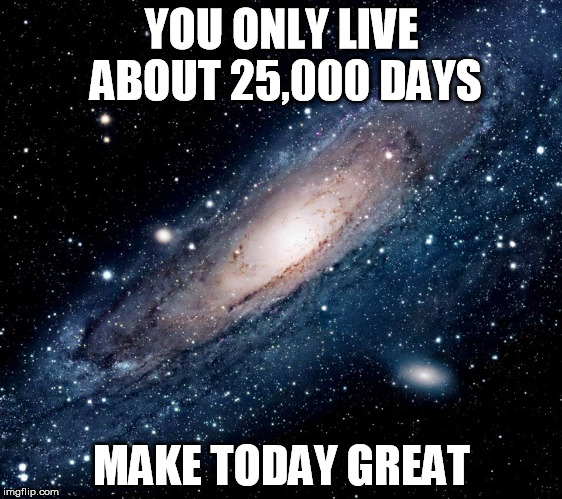 milky way background | YOU ONLY LIVE ABOUT 25,000 DAYS; MAKE TODAY GREAT | image tagged in milky way background,inspirational quote,cosmic | made w/ Imgflip meme maker