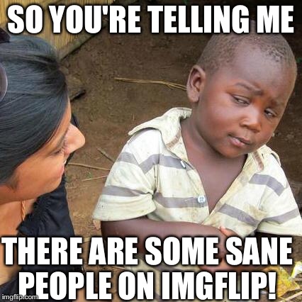 Third World Skeptical Kid | SO YOU'RE TELLING ME; THERE ARE SOME SANE PEOPLE ON IMGFLIP! | image tagged in memes,third world skeptical kid | made w/ Imgflip meme maker