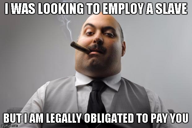 Scumbag Boss Meme | I WAS LOOKING TO EMPLOY A SLAVE; BUT I AM LEGALLY OBLIGATED TO PAY YOU | image tagged in memes,scumbag boss | made w/ Imgflip meme maker