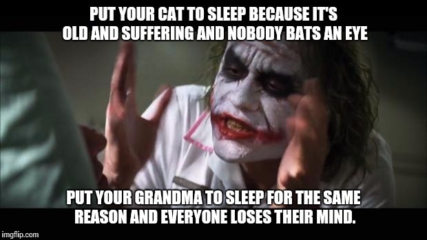 And everybody loses their minds | PUT YOUR CAT TO SLEEP BECAUSE IT'S OLD AND SUFFERING AND NOBODY BATS AN EYE; PUT YOUR GRANDMA TO SLEEP FOR THE SAME REASON AND EVERYONE LOSES THEIR MIND. | image tagged in memes,and everybody loses their minds,AdviceAnimals | made w/ Imgflip meme maker