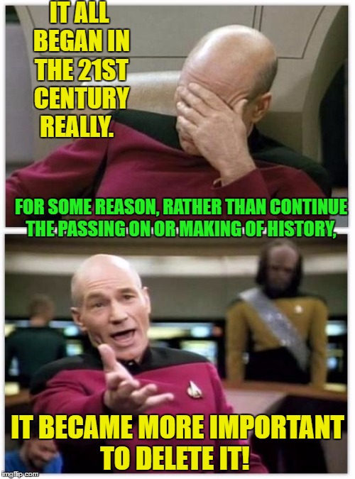 Picard Befuddled | IT ALL BEGAN IN THE 21ST CENTURY REALLY. FOR SOME REASON, RATHER THAN CONTINUE THE PASSING ON OR MAKING OF HISTORY, IT BECAME MORE IMPORTANT TO DELETE IT! | image tagged in picard frustrated,memes,humor,star trek | made w/ Imgflip meme maker