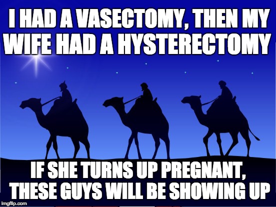 At least they BETTER be showing up ... | WIFE HAD A HYSTERECTOMY IF SHE TURNS UP PREGNANT, THESE GUYS WILL BE SHOWING UP I HAD A VASECTOMY, THEN MY | image tagged in wise men,pregnancy,funny,funny memes,so true memes | made w/ Imgflip meme maker